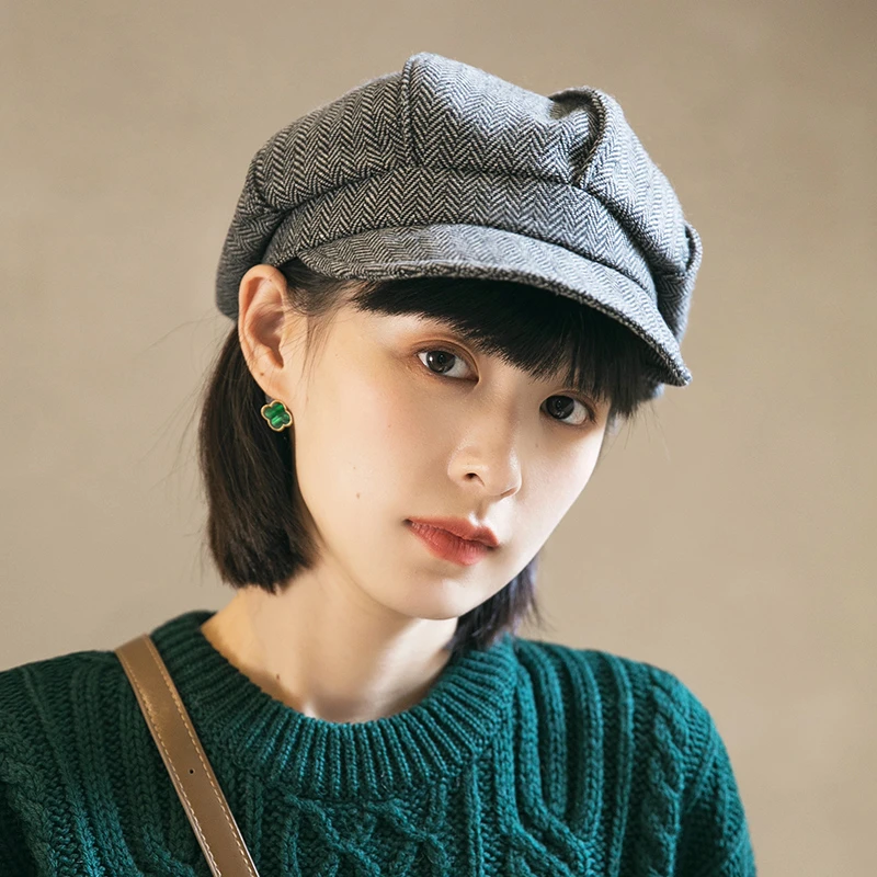 MauroPoli/玛芮百利新款格纹八角帽女日系韩版时尚百搭画家报童帽