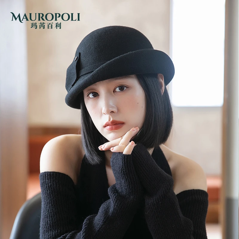 MauroPoli/玛芮百利黑色羊毛礼帽女秋冬卷边毡帽女英伦优雅复古时