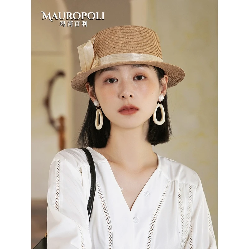 MauroPoli/玛芮百利新款拉菲草草帽女夏季沙滩平檐草编遮阳帽出游