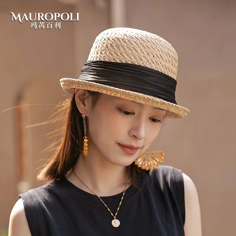 法式复古拉菲草草帽女款夏季卷边防晒太阳帽子时尚女士草编遮阳帽