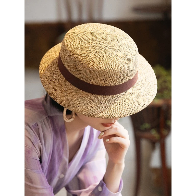 MauroPoli/玛芮百利赫本风草帽女夏季新款法式时尚平顶防晒遮阳帽