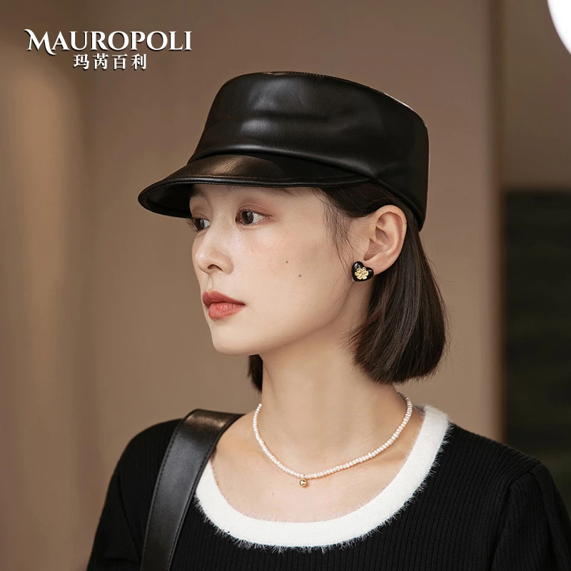 MauroPoli/玛芮百利皮质黑色复古平顶鸭舌帽女2024新款秋冬短檐前