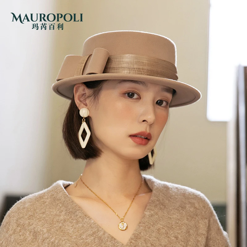 MauroPoli/玛芮百利法式名媛风羊毛礼帽女高端秋冬平顶帽子女款