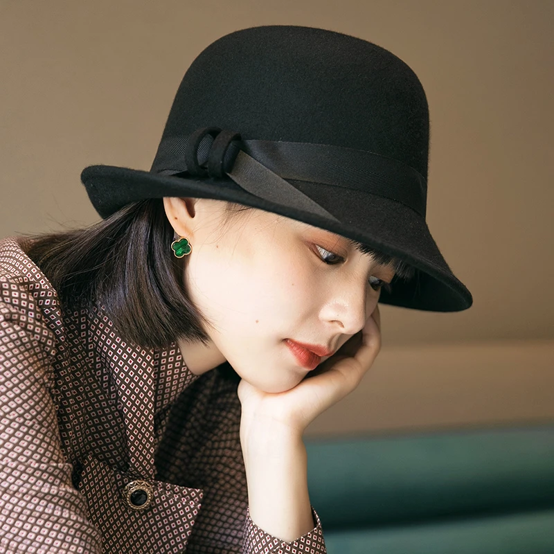 法式卷边羊毛呢礼帽女优雅复古文艺百搭毡帽圆顶黑色短檐渔夫帽潮