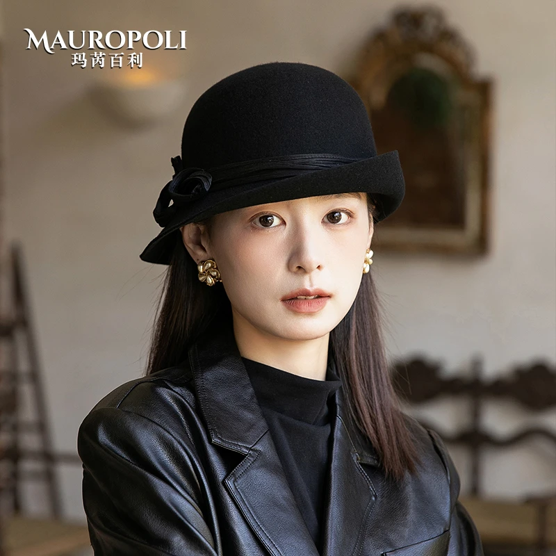 法式赫本风渔夫帽女2024新款真丝麻卷边礼帽秋冬季纯羊毛定型毡帽