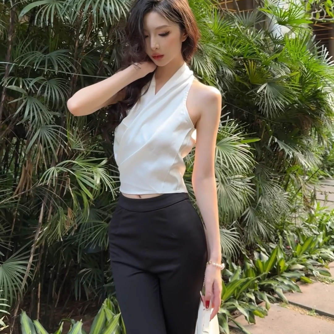 时尚显瘦气质女神法式设计感系带上衣修身微弹喇叭裤