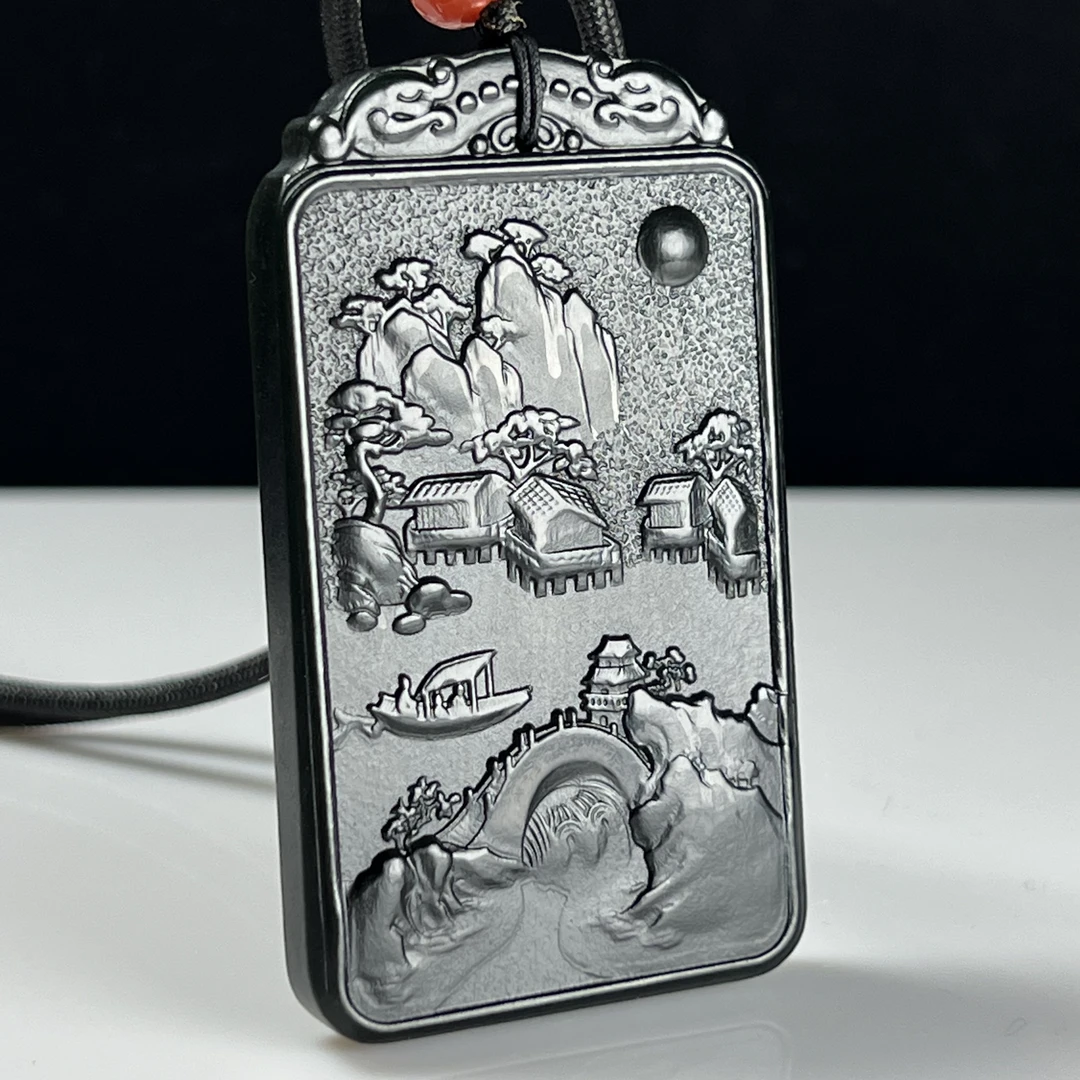 和田玉青玉意境山水玉牌挂件双面精雕男女款玉佩吊坠腰牌带证书