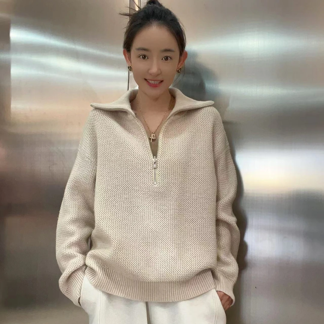 23冬季女款大翻领休闲百搭冬长袖羊绒纯色针织外套LQ-007