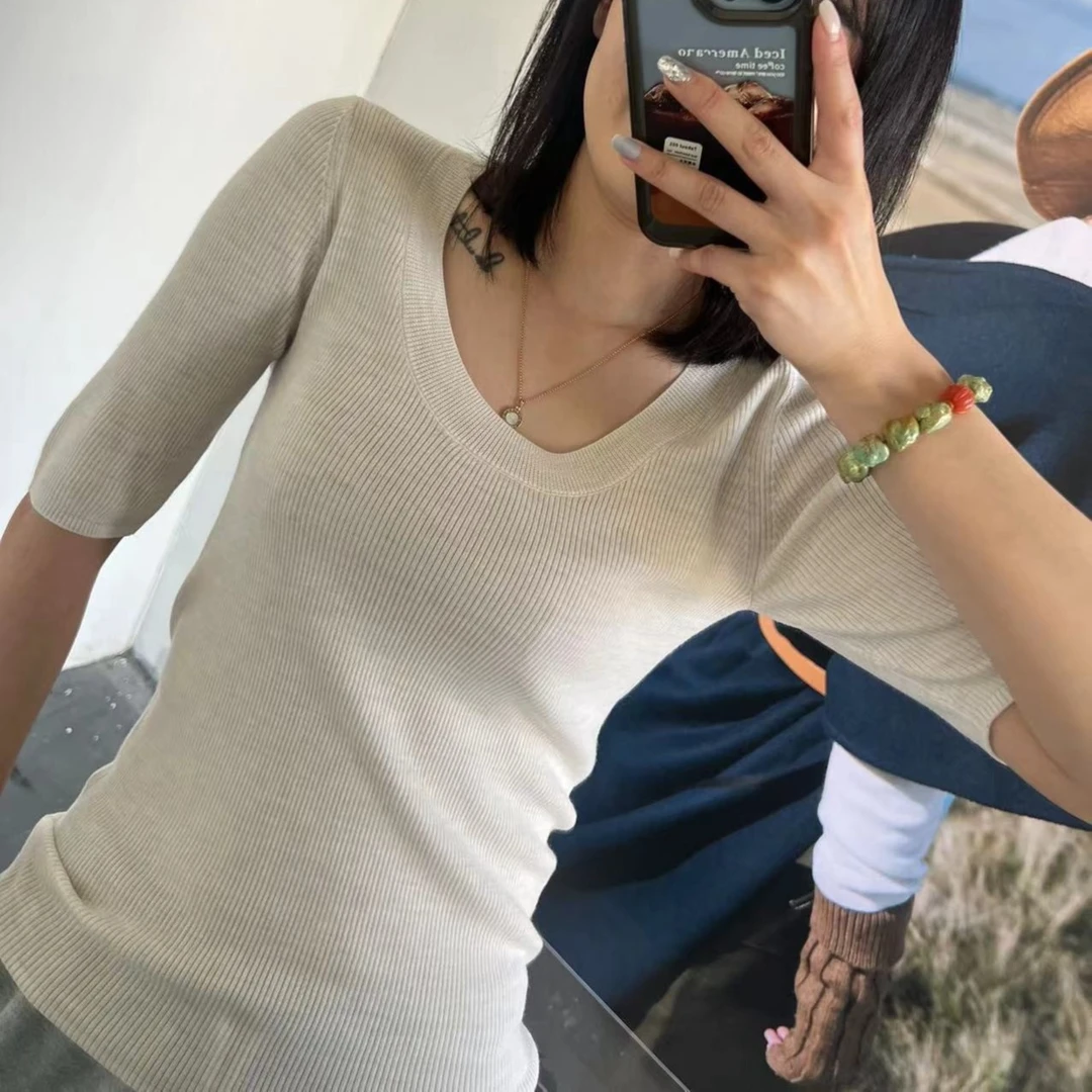 【扬子OTW】女款打底纯色修身薄款低圆领短袖针织衫全毛8867-1