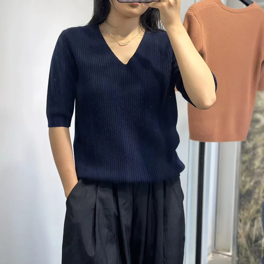 女士羊绒百搭时尚针织气质宽松显瘦V领抽条短袖中袖JMW881-071