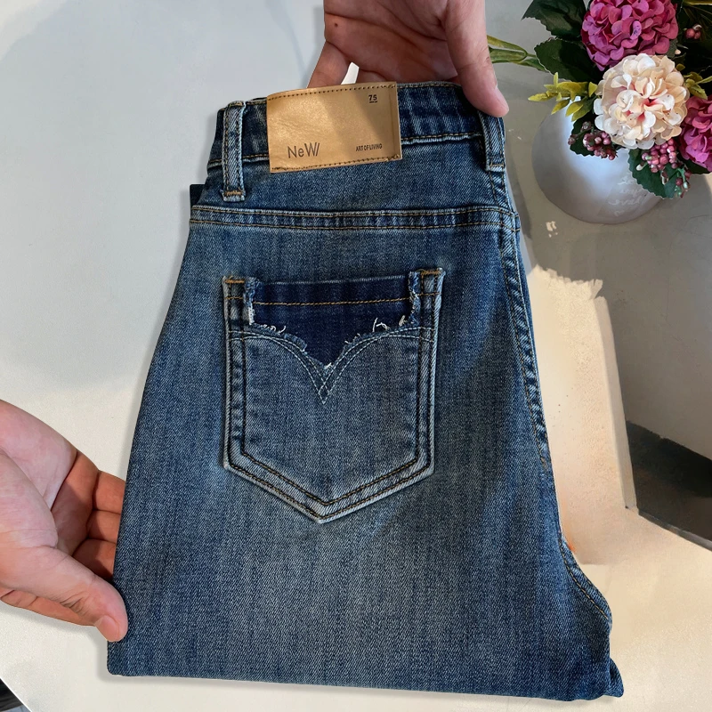 高腰烟管牛仔裤女窄版直筒裤宽松小个子九分裤裤子女裤子九分