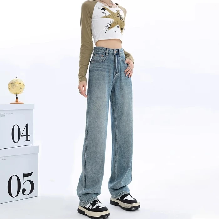 浅蓝色裤子牛仔裤女秋装季新款高腰窄版小个子九分拖地窄版阔腿裤