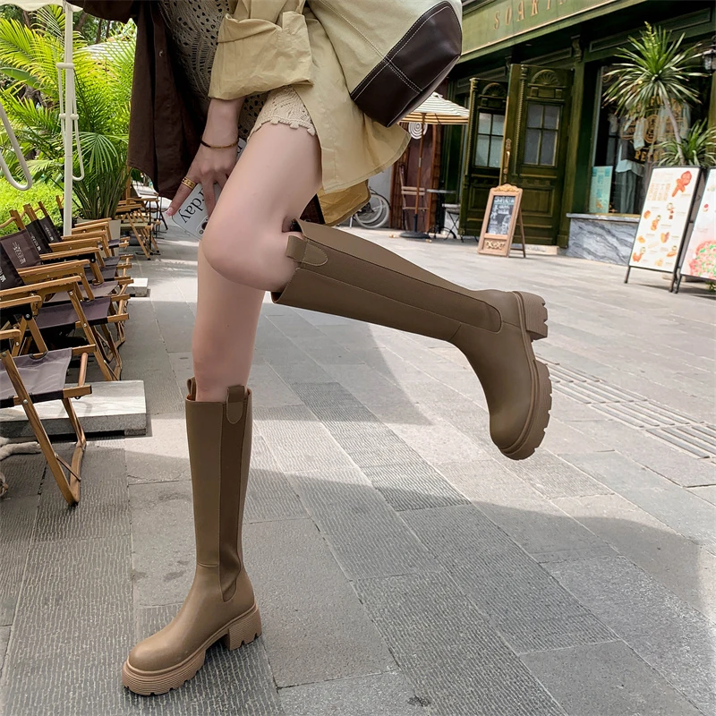 【鞋逅】~4厘米真皮~圆头粗跟厚底骑士靴女不过膝小个子长筒靴