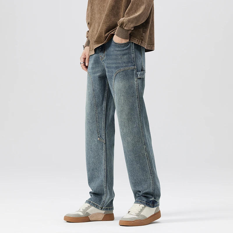 秋冬上新美式高街潮流牛仔裤男生显瘦百搭宽松阔腿裤复古水洗裤子