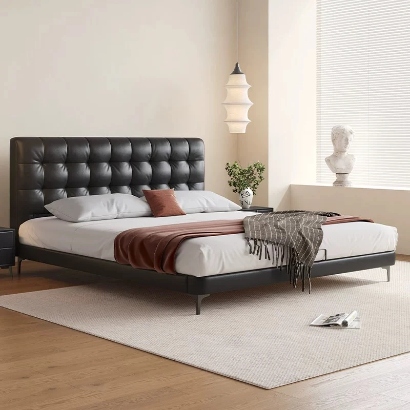 【佛山名品华夫格】奶油风现代简约床意式极简北欧头层牛皮主卧婚床