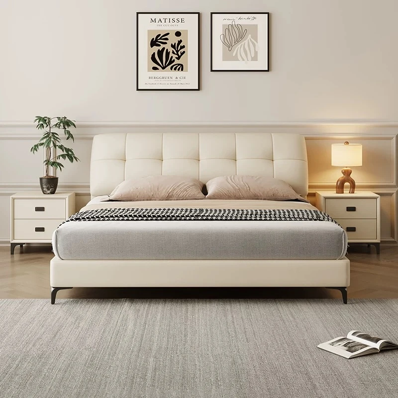 【佛山名品小泡芙】轻奢简约北欧极简意式主卧头层牛皮齐边软包床A7