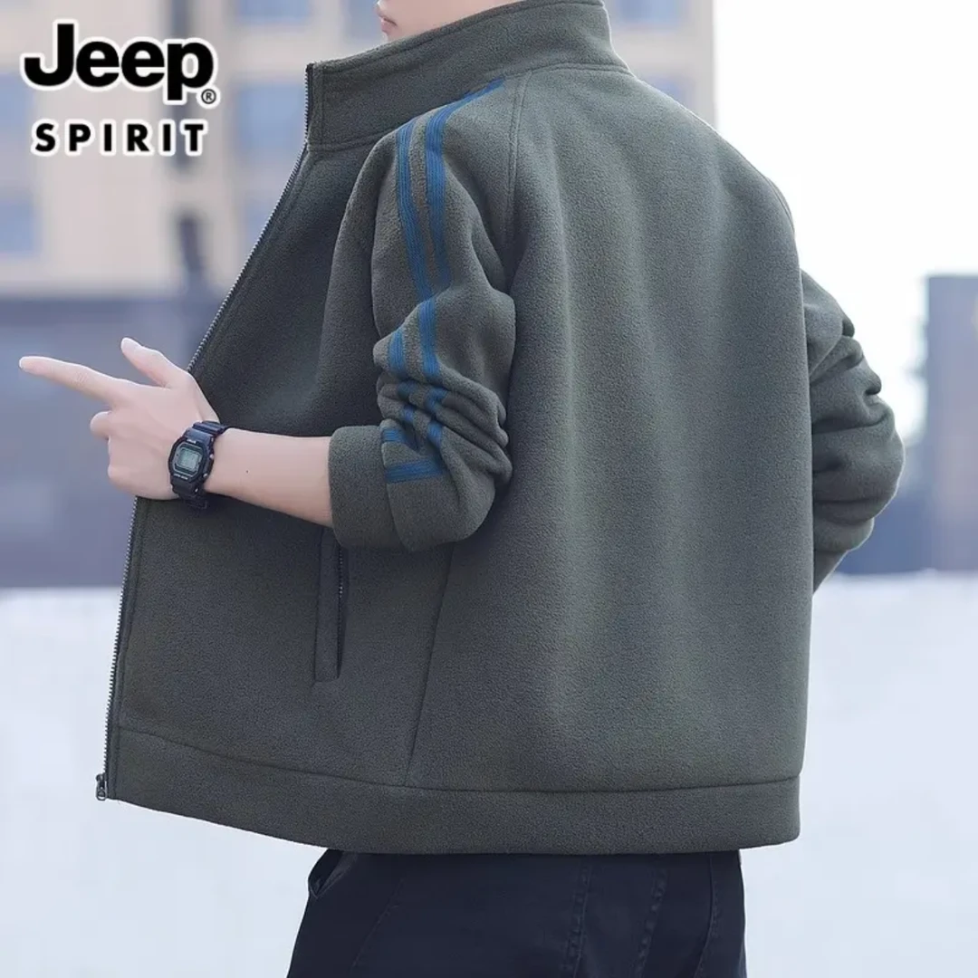 吉普Jeep摇粒绒秋秋冬厚款休闲抓绒衣保暖开衫大码宽松宽松外套男