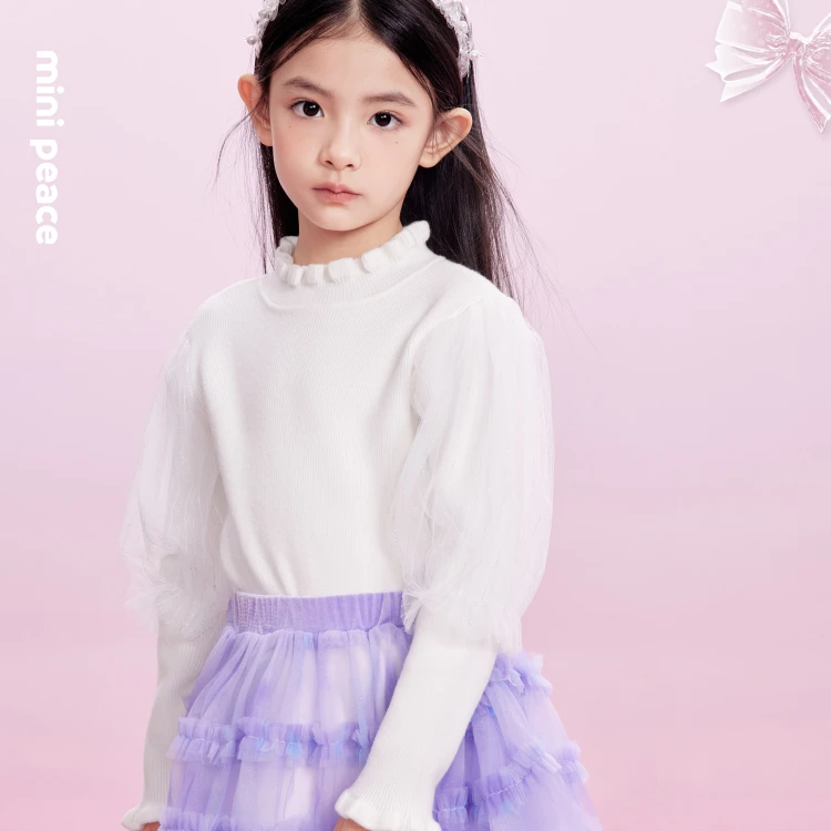 MINIPEACE童装女童毛衣长袖洋气泡泡袖防寒套头23儿童新款针织衫
