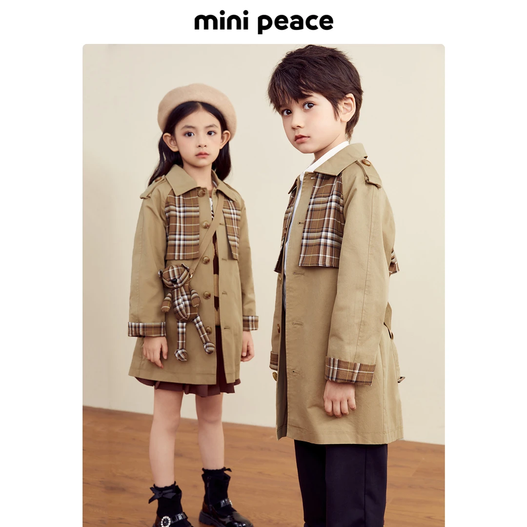 MINIPEACE太平鸟童装儿童秋中长款中性格子洋气学院风外套风衣