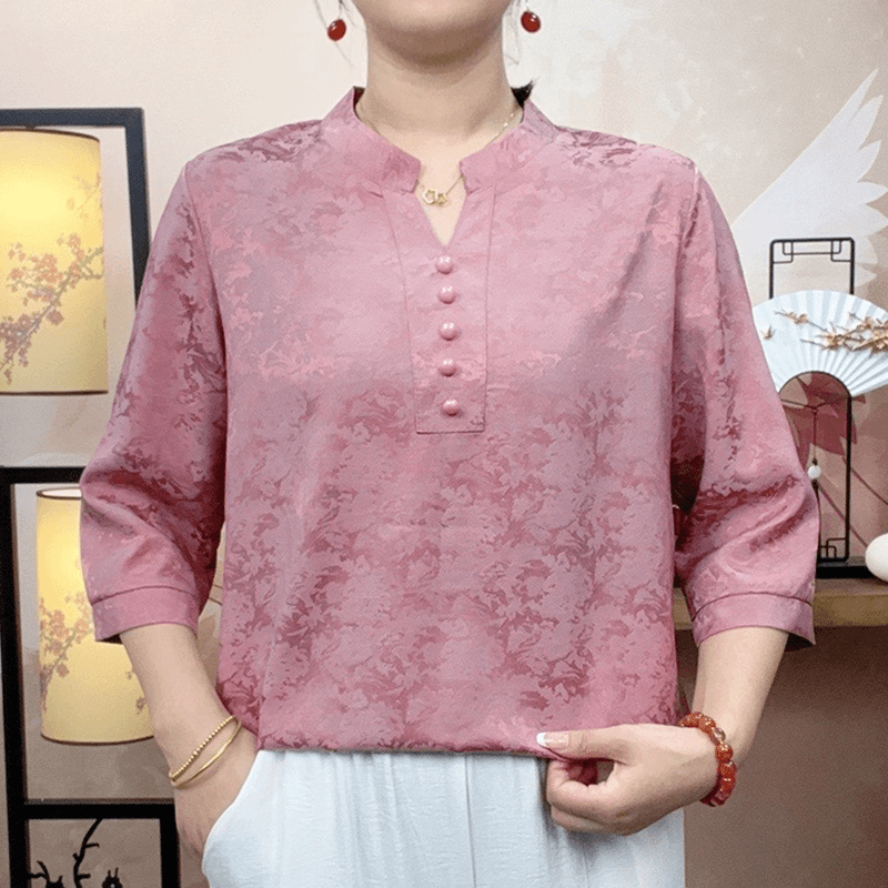 【046】2024年夏季新款短袖衬衫中老年女装妈妈装时尚百搭V领小衫女