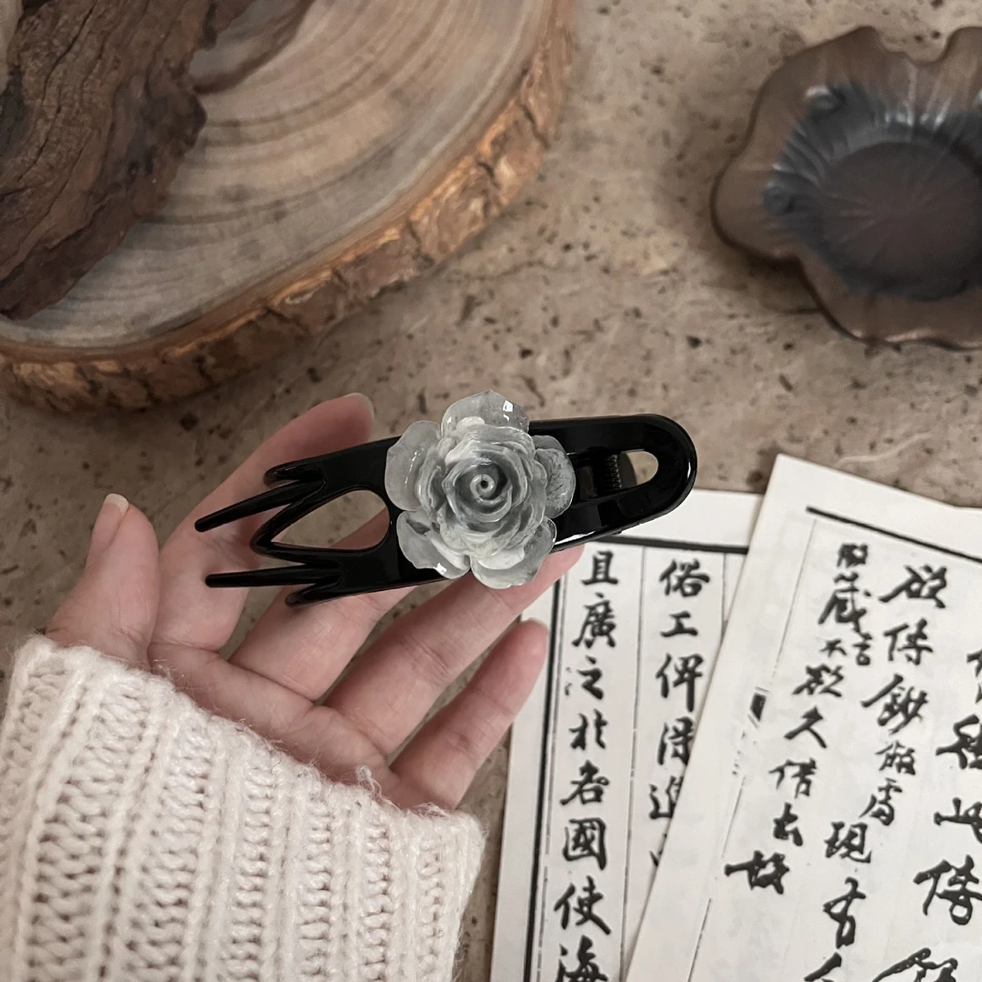 原创水墨花朵抓夹简约百搭气质高级感一字夹子ins头饰