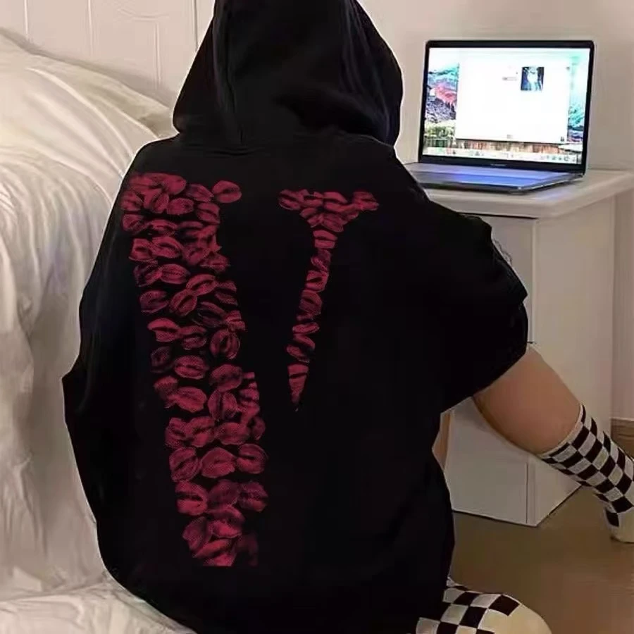 美式复古oversize嘴唇大V连帽情侣加厚卫衣男女秋冬宽松上衣外套