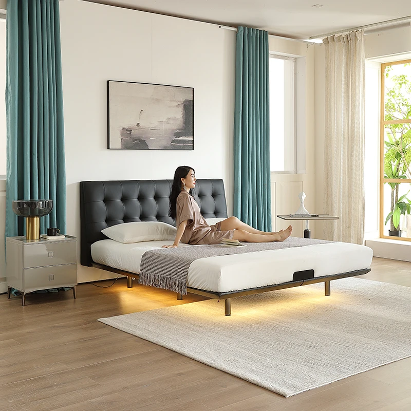 【华夫格】新款碳素钢悬浮床架主卧双人床高端软包简约意式