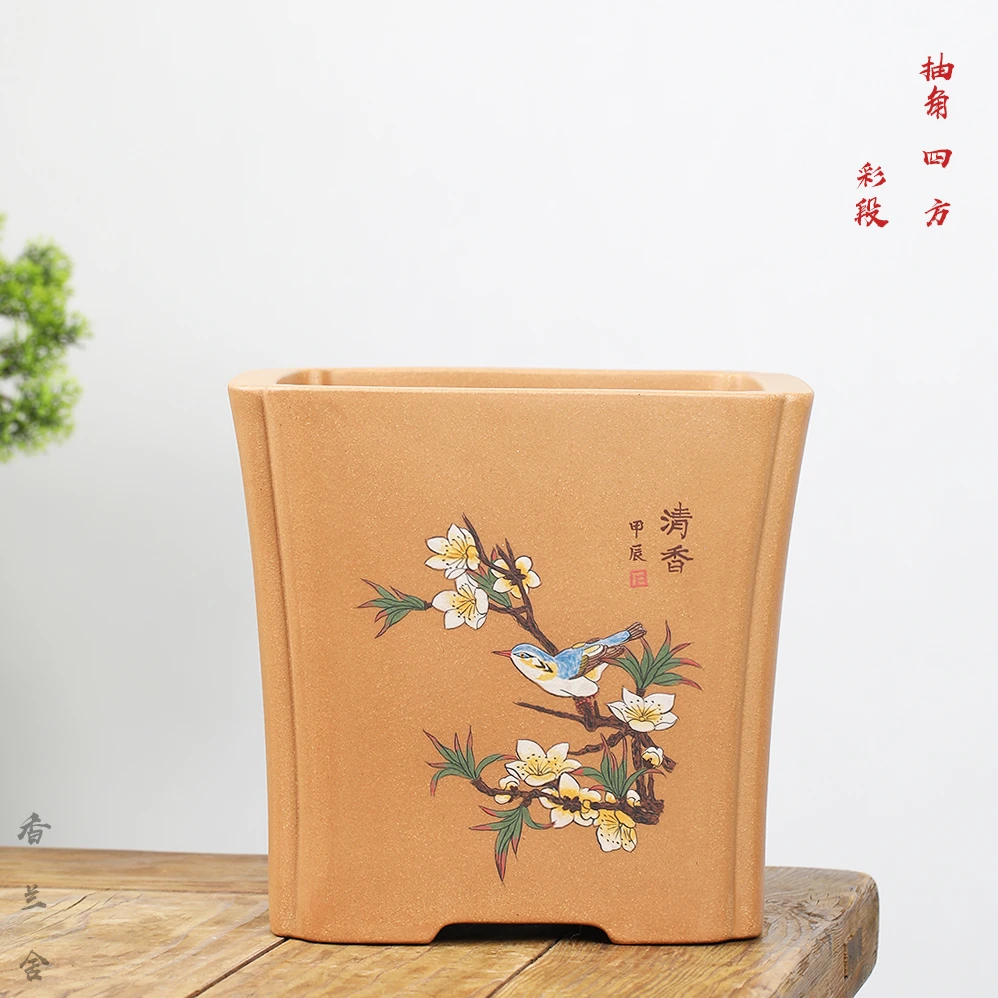 李超精品紫砂花盆彩段四方签筒带精工泥绘书桌阳台室内造景盆