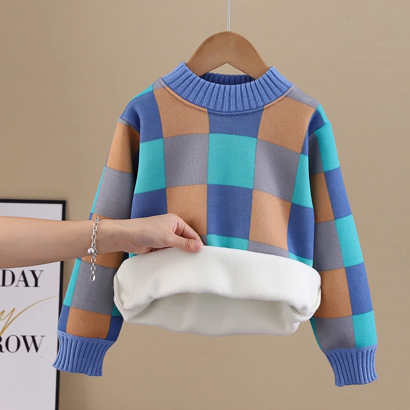 童装男童套头卫衣加绒加厚秋冬款中大童保暖衣男孩长袖格子打底衫