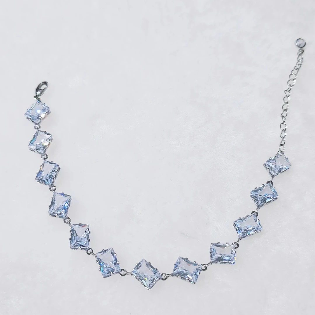 铜合金合成锆石手链 方糖冰切菱形爆闪大克拉水晶轻奢百搭手链