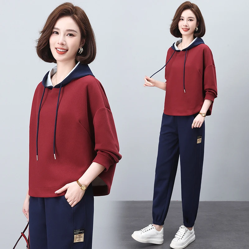 时尚套装女2025春秋新款宽松连帽外套休闲宽松卫衣上衣撞色两件套
