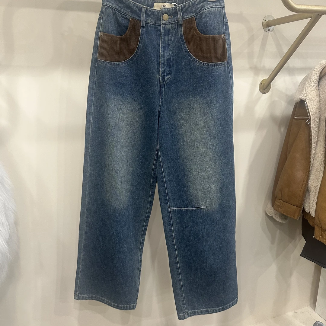 EGO-HCF065拼接款牛仔裤新款时尚潮流显身材阔腿裤