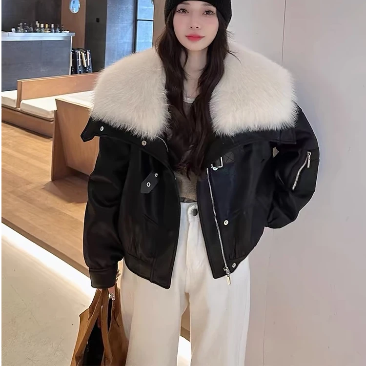 EGO-HBN036欧货冬新款机车夹克狐狸毛皮草外套女鹅绒服派克