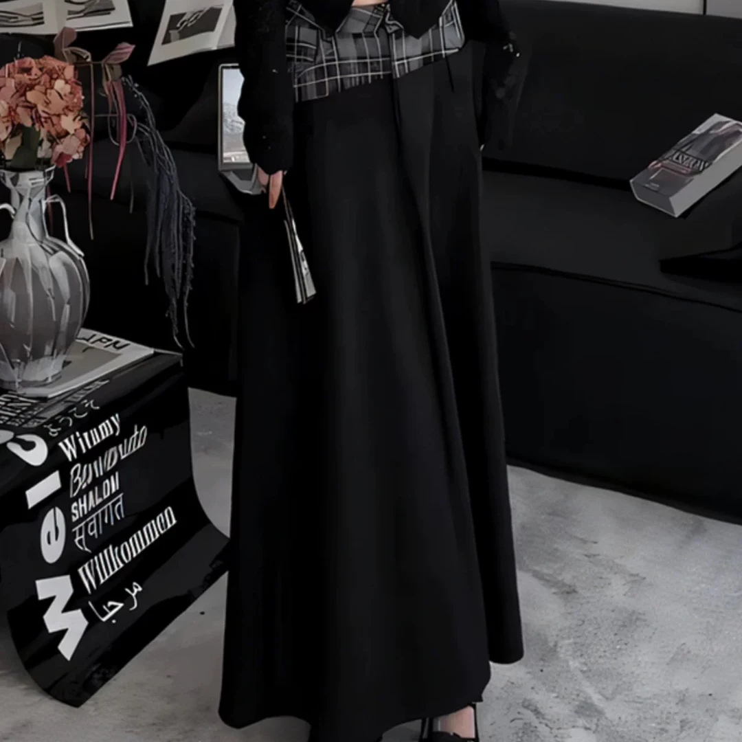 EGO-HCA055复古纯欲风黑色设计感拼接牛仔腰半身裙