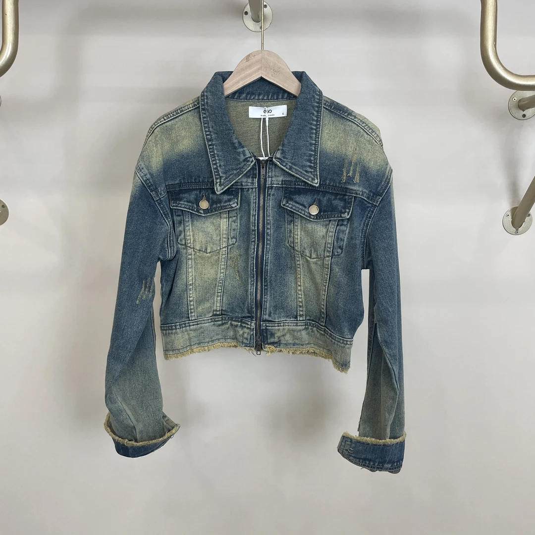 EGO-FBB024复古做旧高腰短款牛仔外套渐变设计感时尚百搭上衣