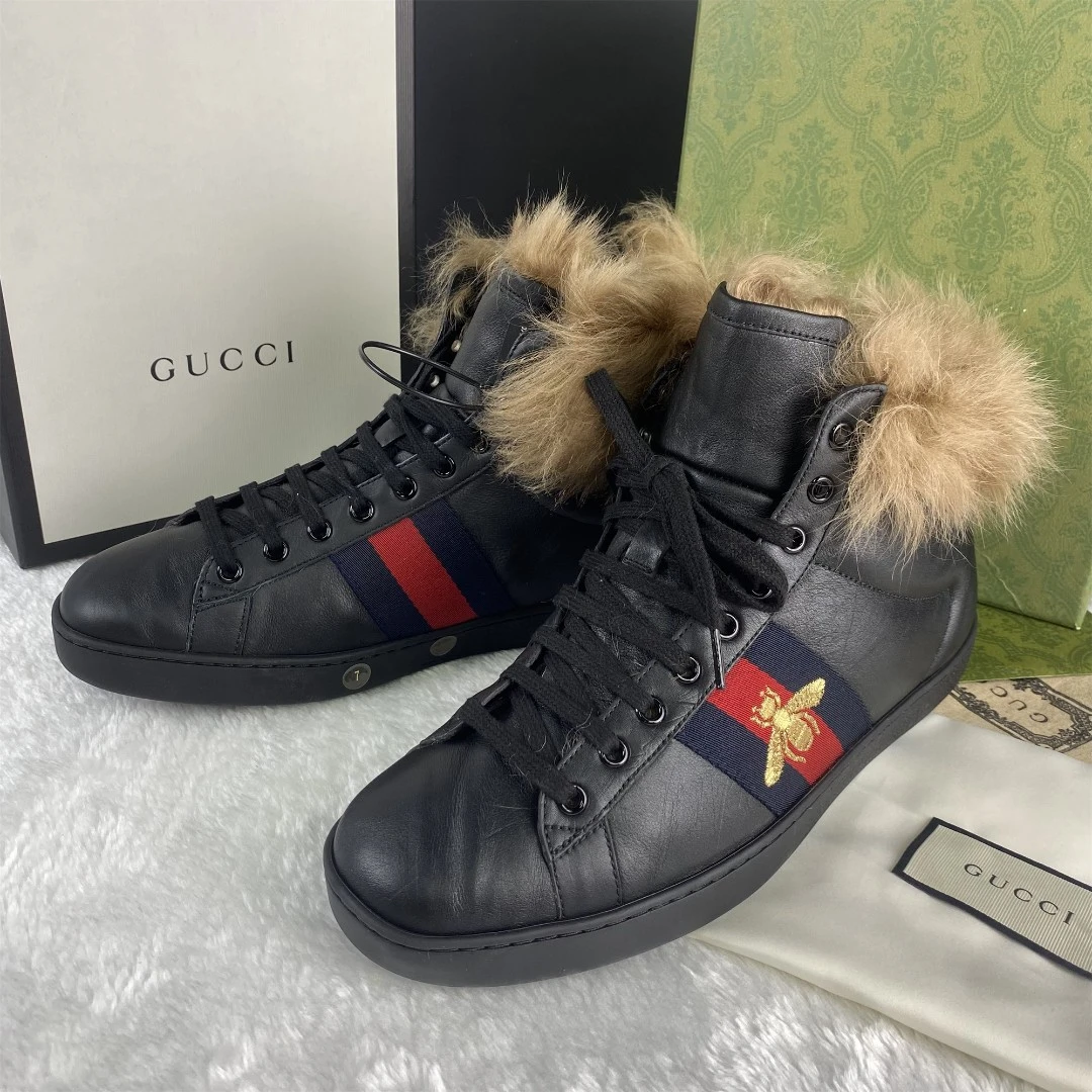 99新 GUCCI/古驰 绒毛款黑色蜜蜂高帮板鞋男鞋男士时尚休闲印花