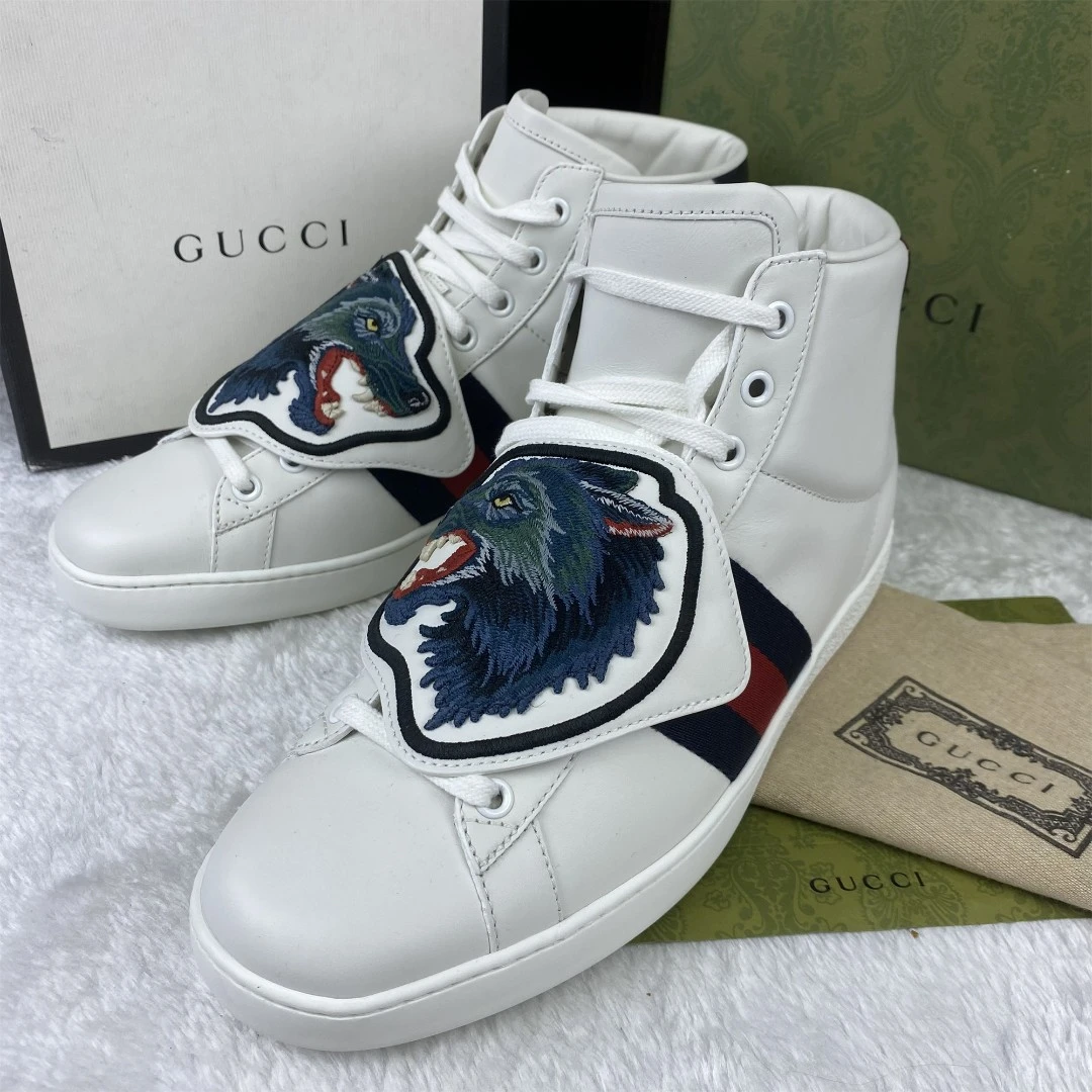 99新 GUCCI/古驰 白色高帮贴片板鞋小白鞋刺绣鞋带印花白红