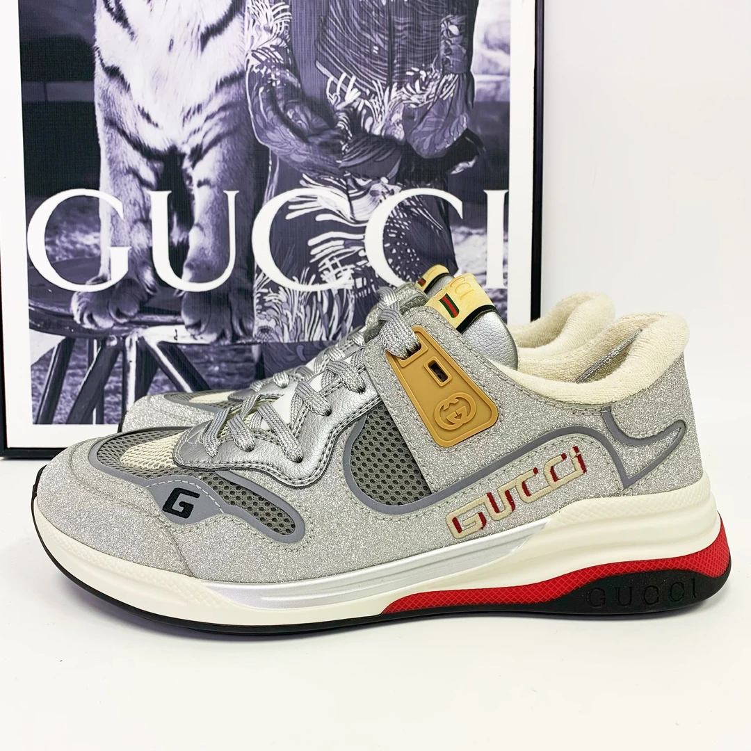 全新未使用 GUCCI/古驰 古驰Ultrapace亮面银色网面毛巾里运动鞋
