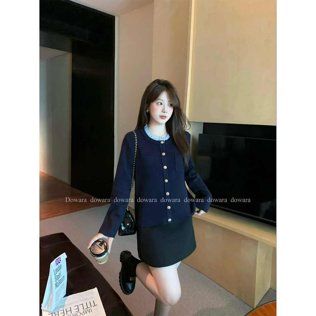 现货大婉酱微胖定制 木耳纯色毛衣显瘦单排扣撞色设计感上衣6526D