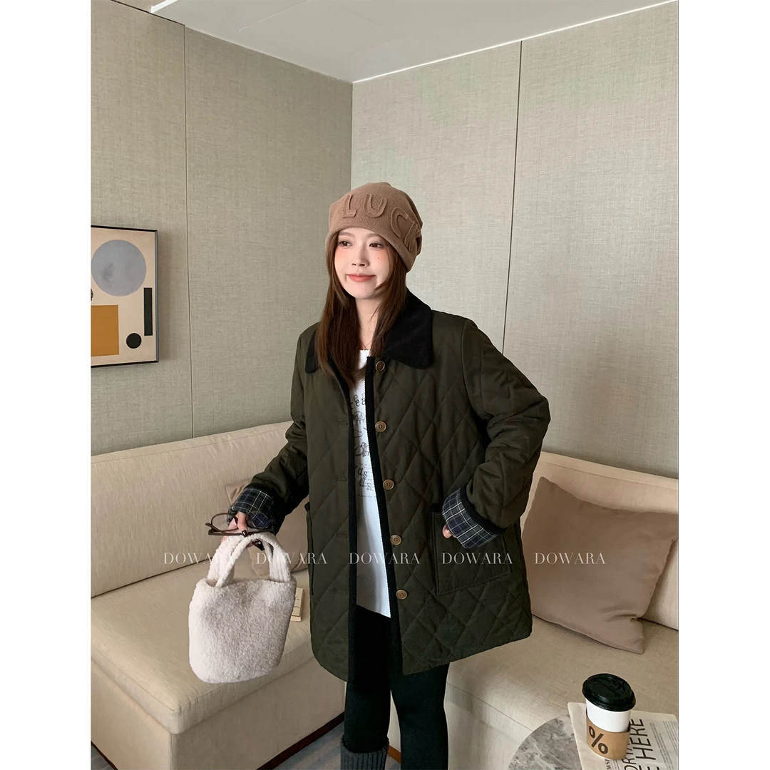 现货大婉酱微胖定制 军绿色翻领撞色棉服高级感保暖棉袄外套7400D