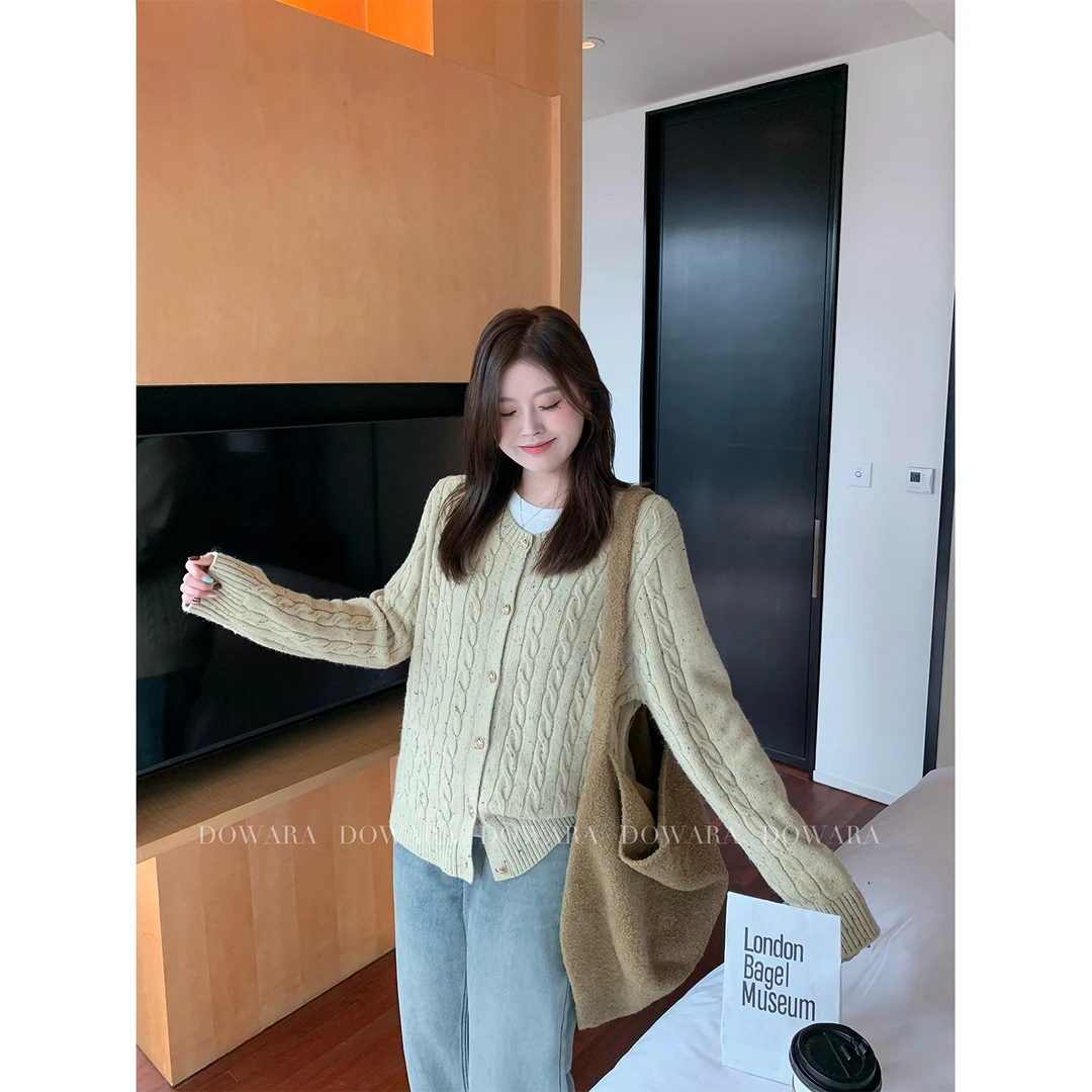 现货大婉酱微胖定制杂色麻花毛衣冬季气质百搭针织开衫 6502D