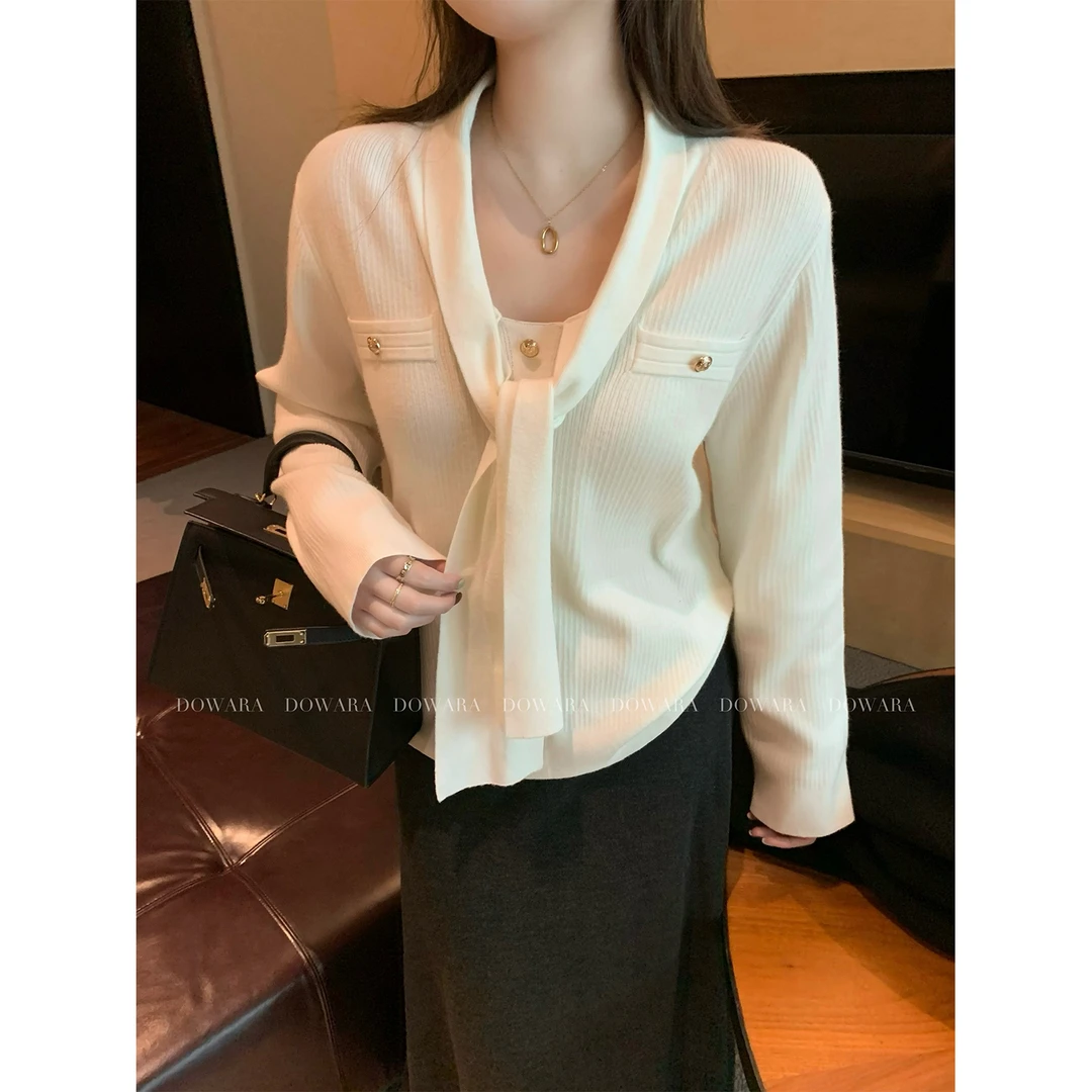 大婉酱微胖定制 小众设计感显瘦长袖冬季新款气质飘带针织衫6557D