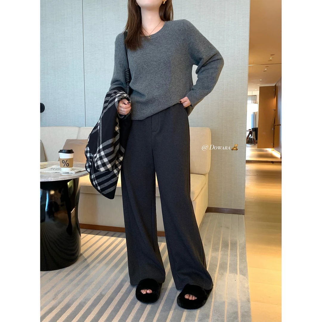 大婉酱微胖定制绵羊毛休闲裤女2024冬季加绒加厚显瘦直筒裤 5544D