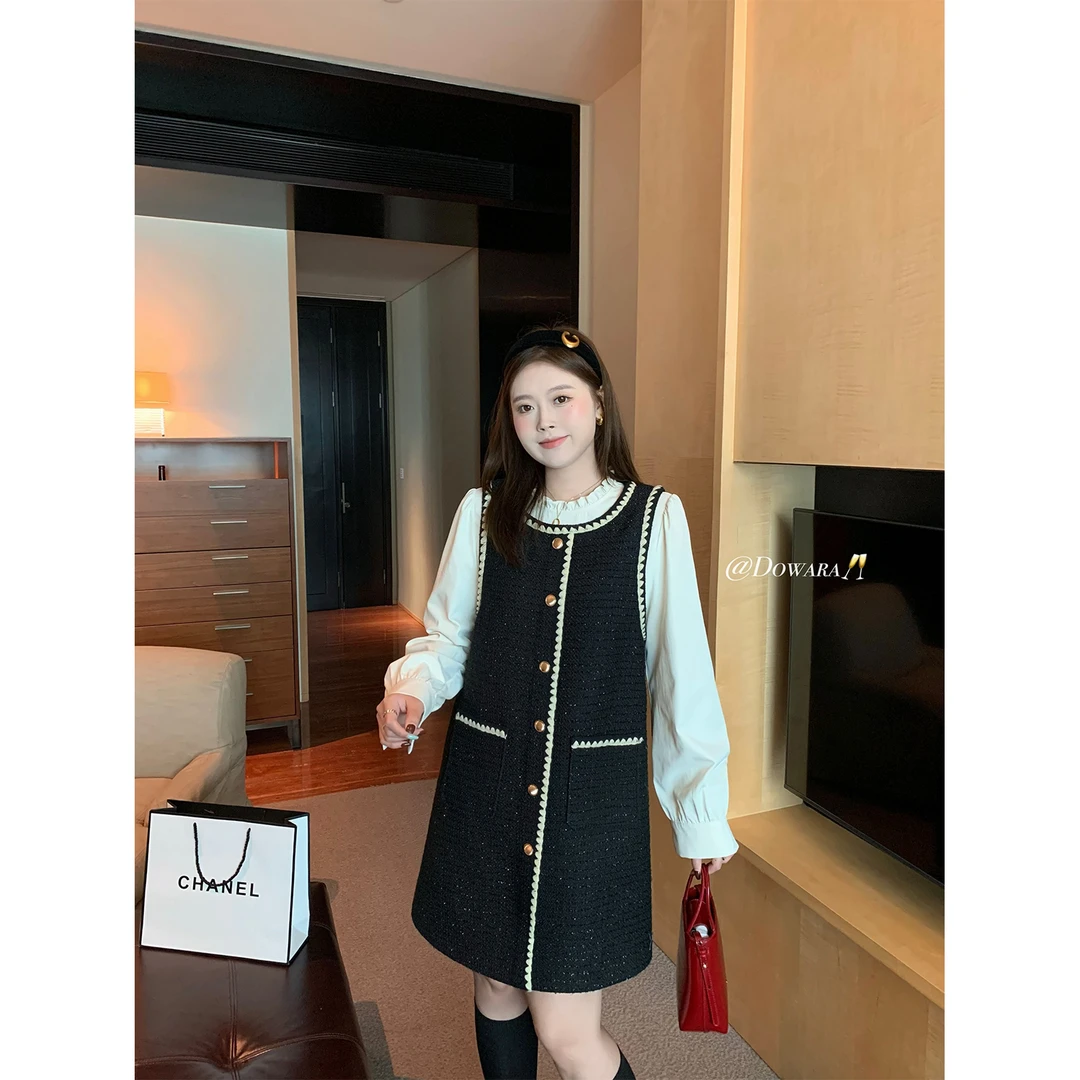 现货大婉酱微胖定制 法式复古拼接假两件小香风洋气连衣裙女5762D