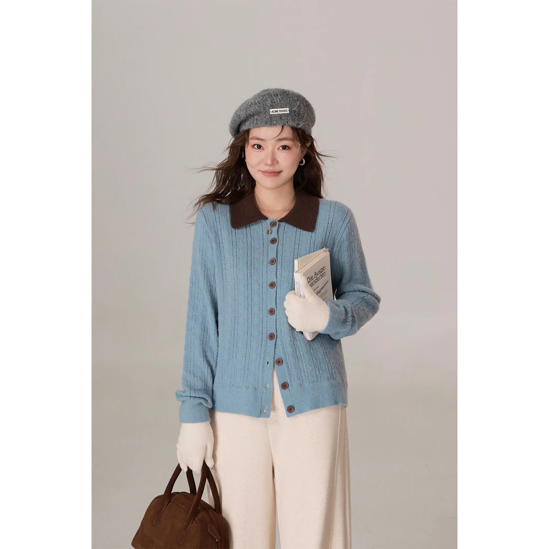 现货大婉酱微胖定制 24新款韩系软糯温柔风百搭翻领撞色毛衣5665D