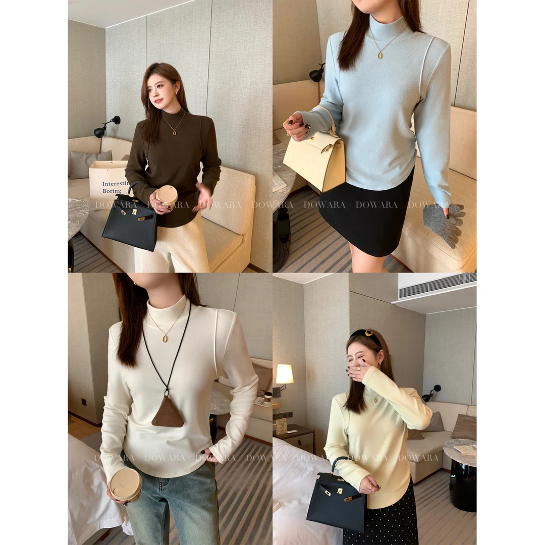 现货大婉酱微胖定制小蛮腰2.0韩版多色半高领磨毛打底衫上衣5644D