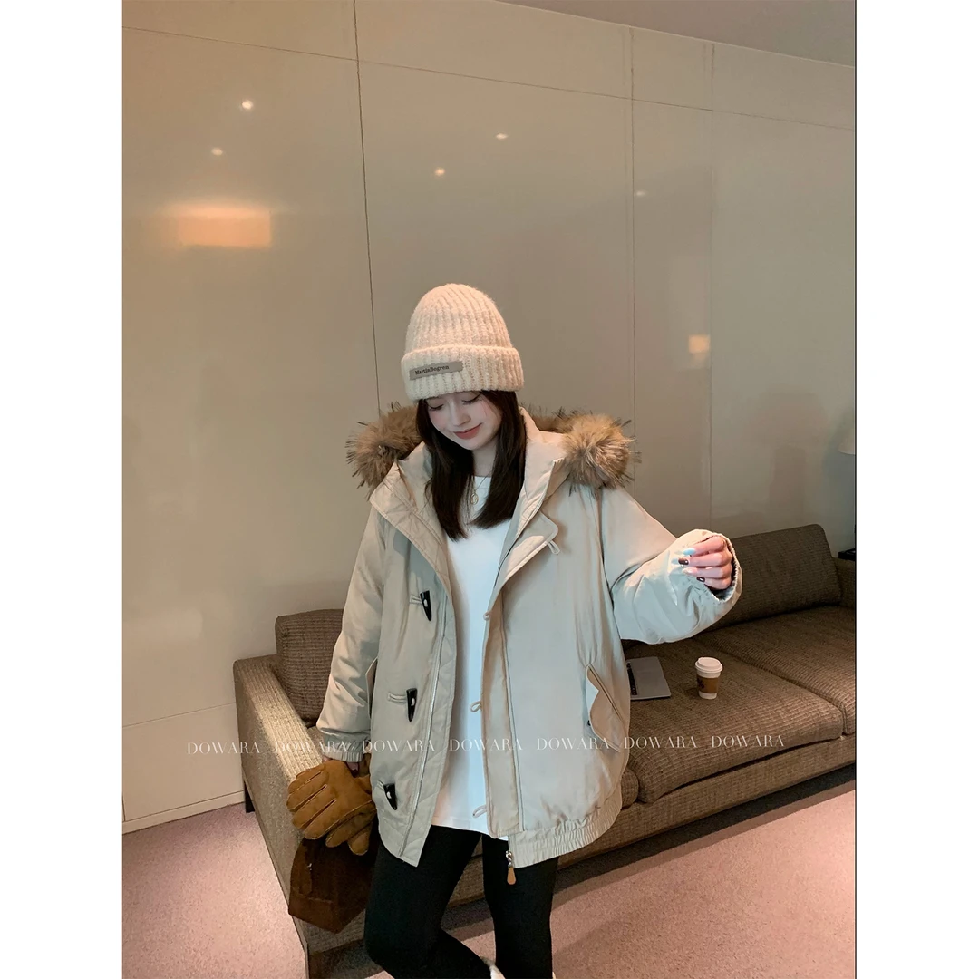 现货大婉酱微胖定制 肯豆风时尚90白鸭绒羽绒服女连帽派克服6579D