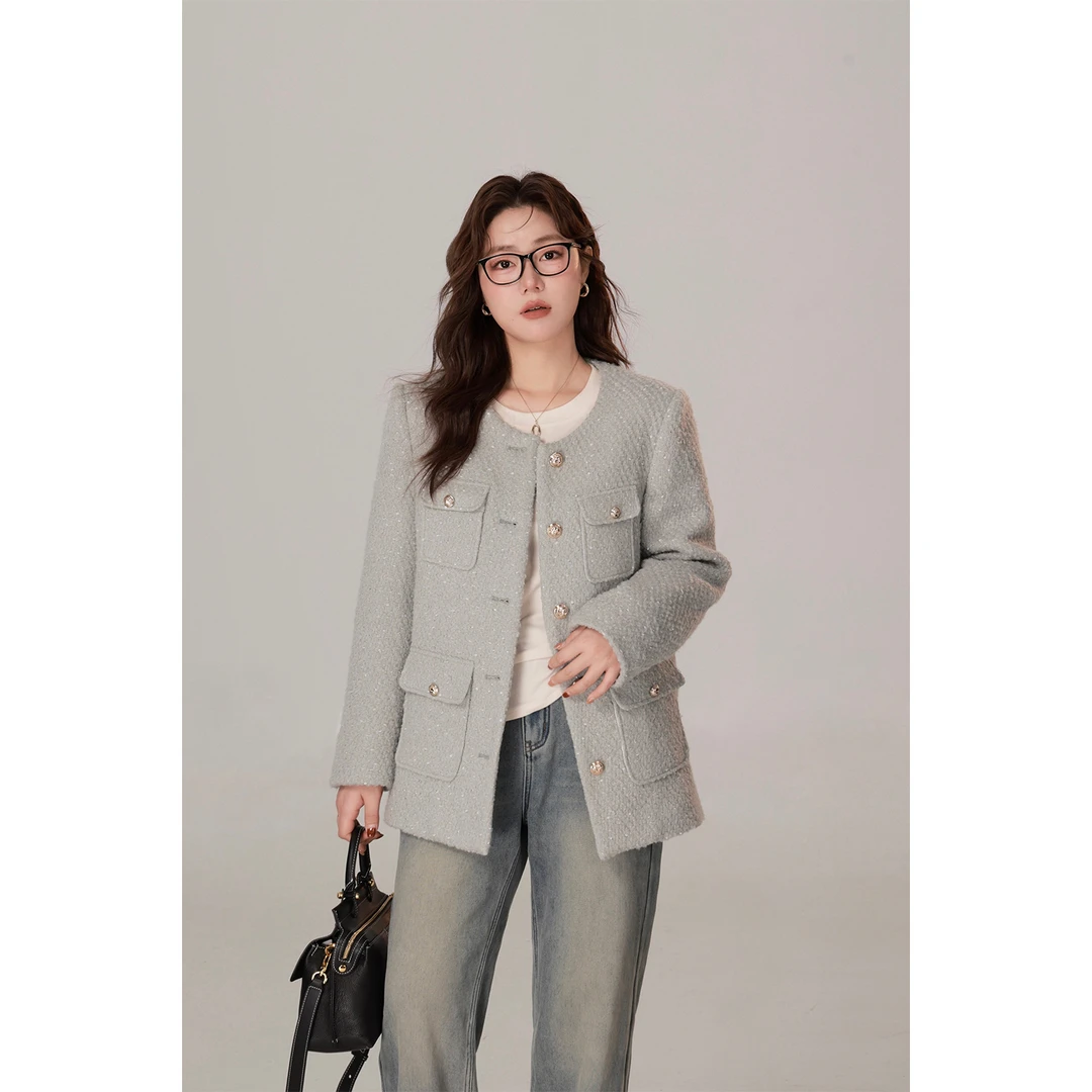 大婉酱微胖定制 新国标90白鸭绒小香风羽绒服绵羊毛外套5842D