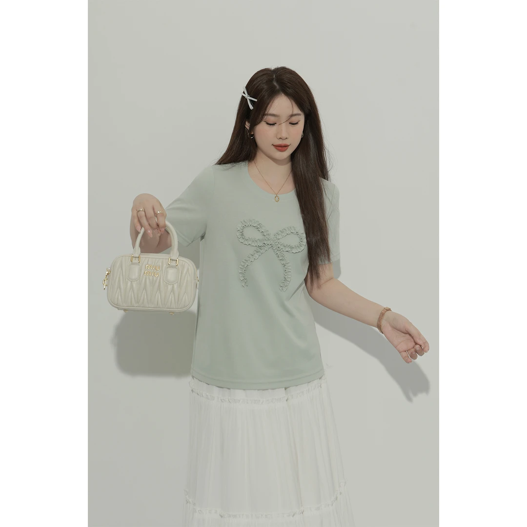 大婉酱微胖定制设计感捏褶蝴蝶结T恤圆领百搭夏季显瘦上衣女5026D