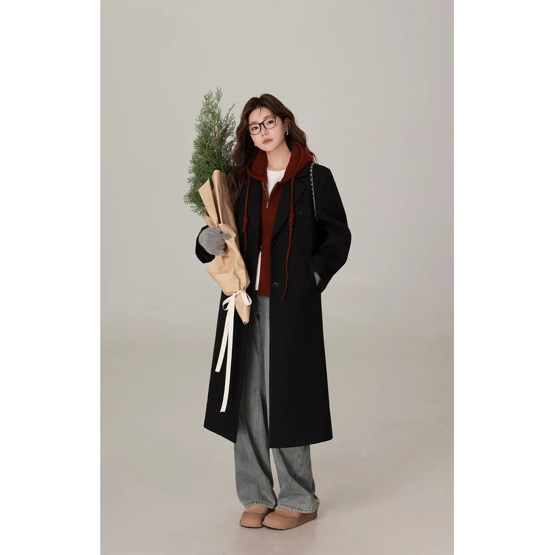 现货大婉酱微胖定制 韩系西装领毛呢外套高级气质中长款上衣5829D